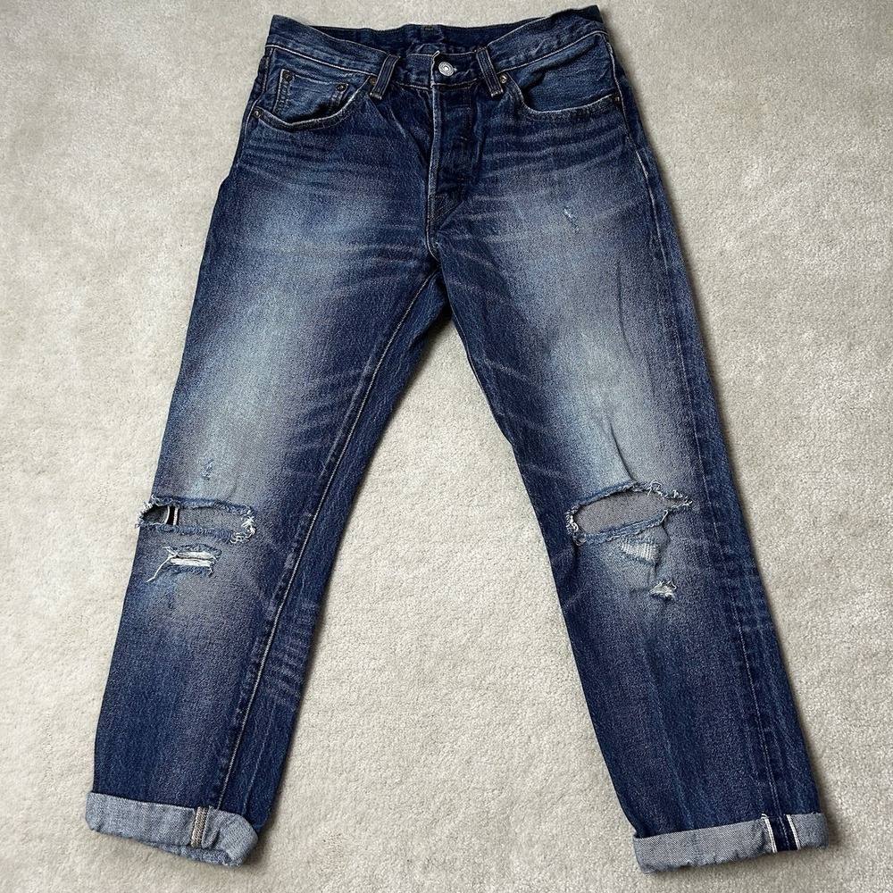 Levis 501 Jeans Womens 26 Redline Selvedge Distressed Button Fly Cropped Denim